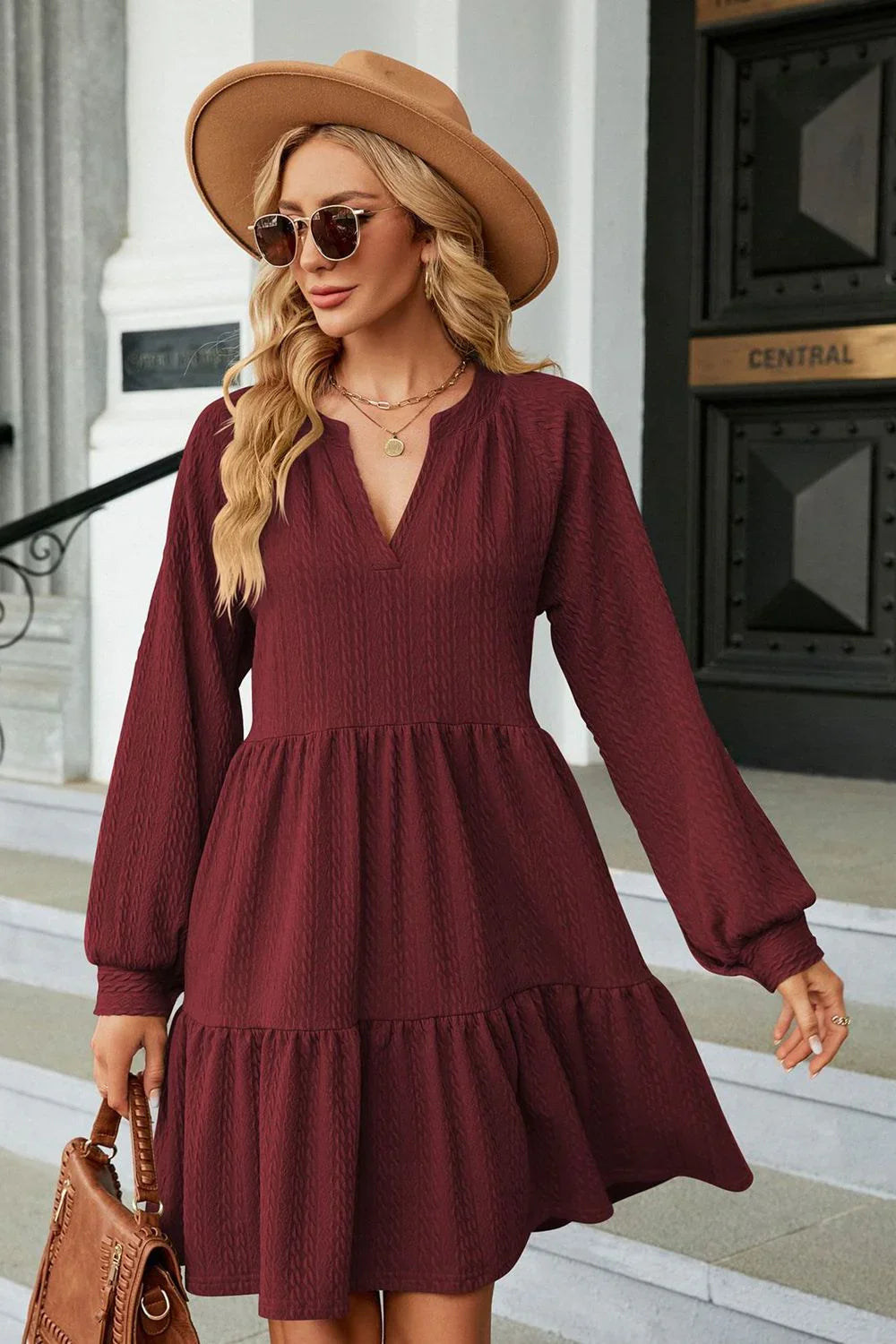 Notched Neck Long Sleeve Mini Dress - Southern Shores Clothing
