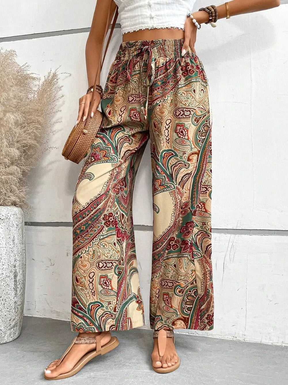 Printed Wide Leg Pants With Paisley Print Drawstring Waist - Southern Shores Clothing