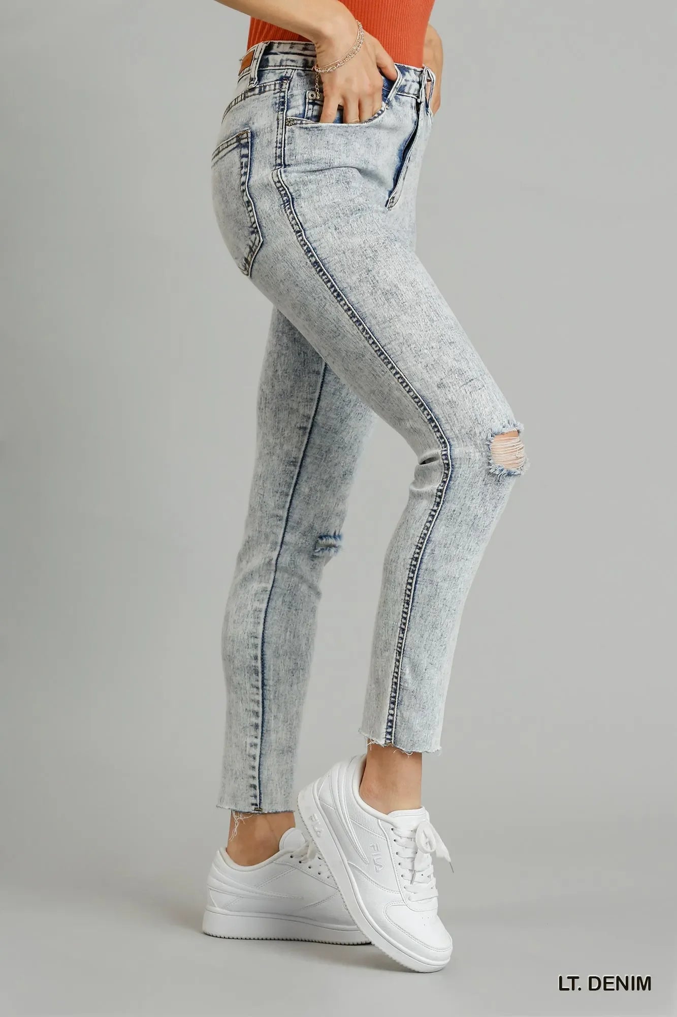 Distressed Stretch Denim Skinny Jeans With Raw Hem - Southern Shores Clothing