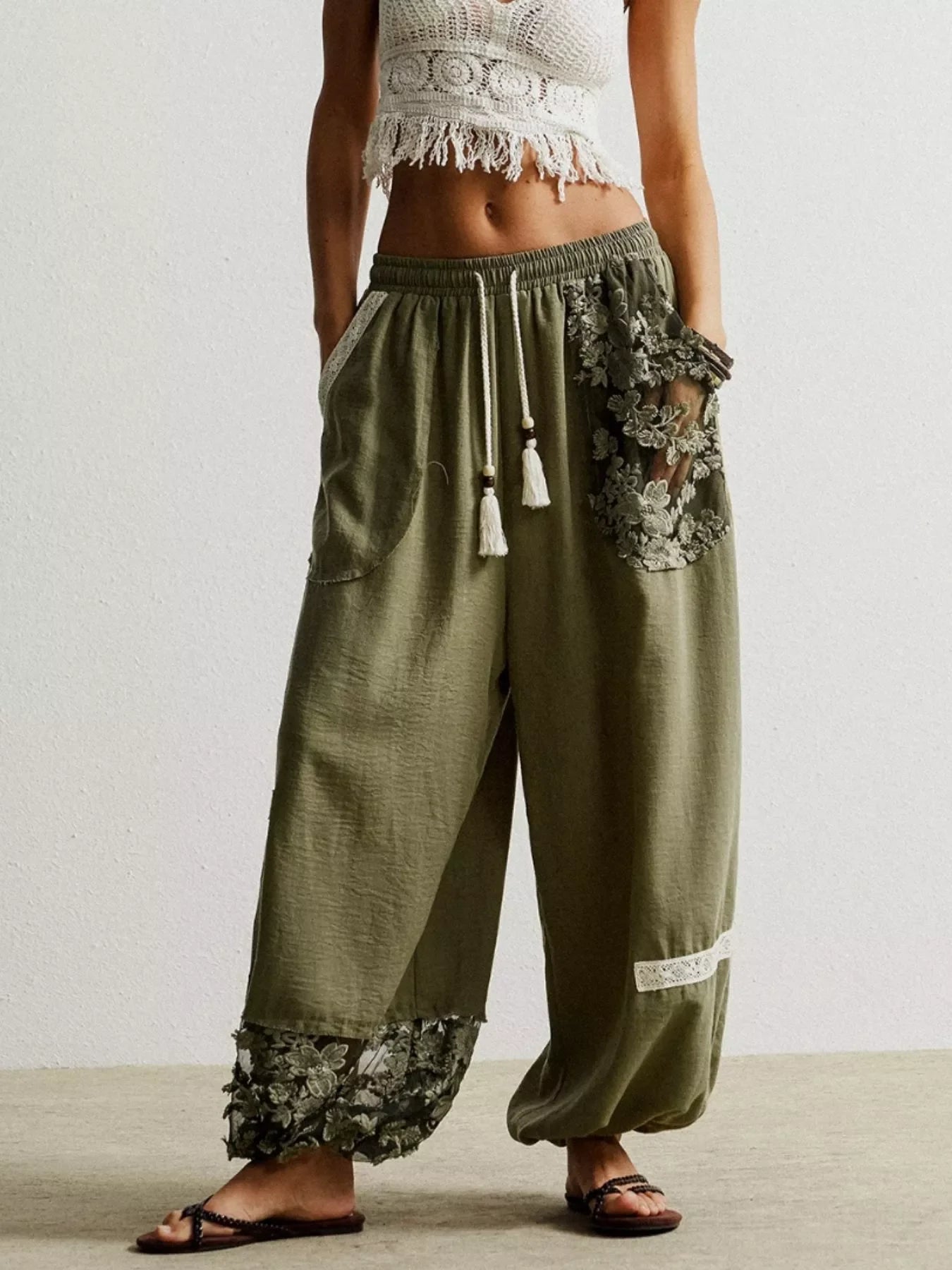 Breathable Lace Detail Drawstring Harem Pants Polyester - Southern Shores Clothing