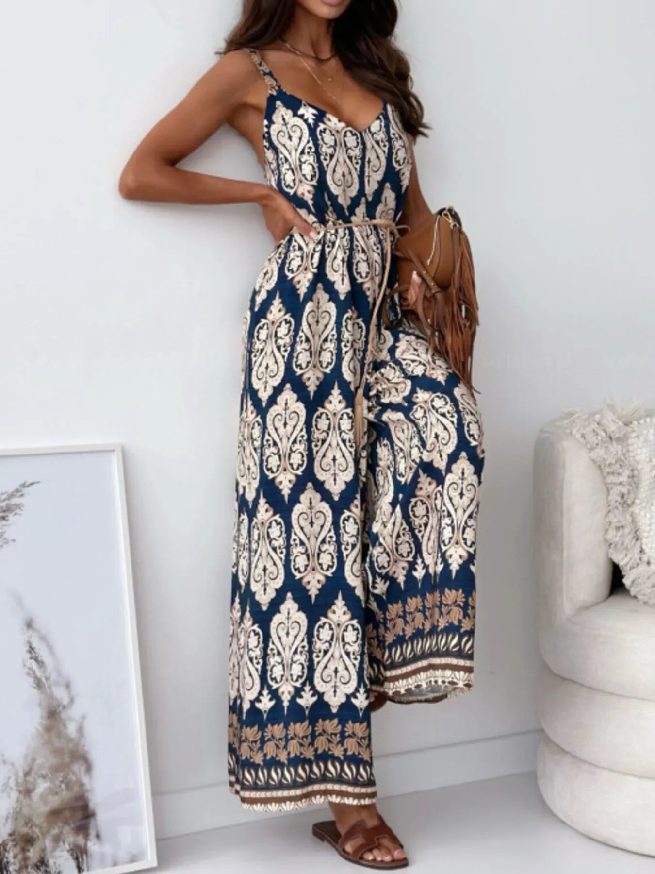Paisley Print Spaghetti Strap Wide Leg Jumpsuit - Southern Shores Clothing