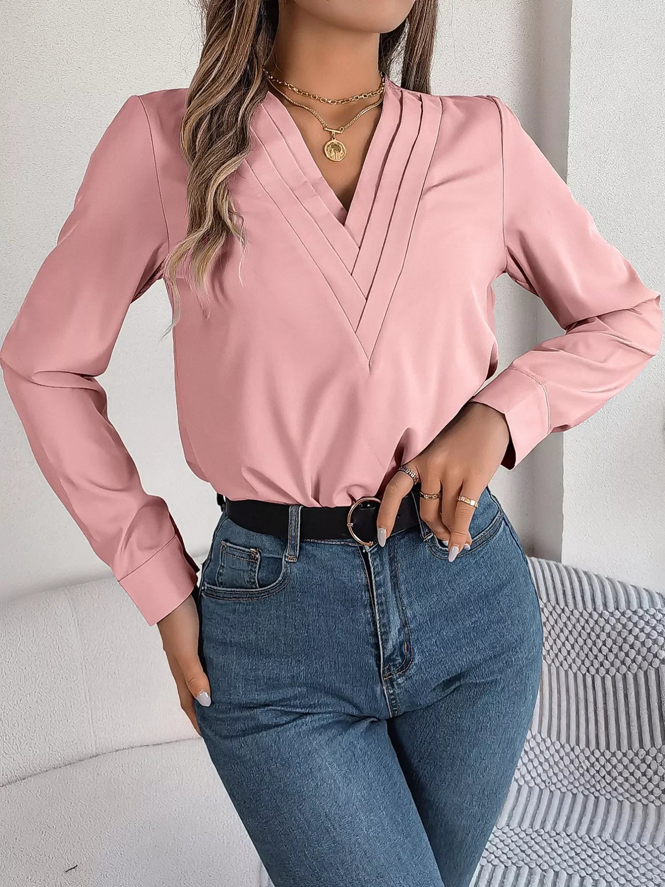 Layered V-Neck Long Sleeve Polyester Blouse - Southern Shores Clothing