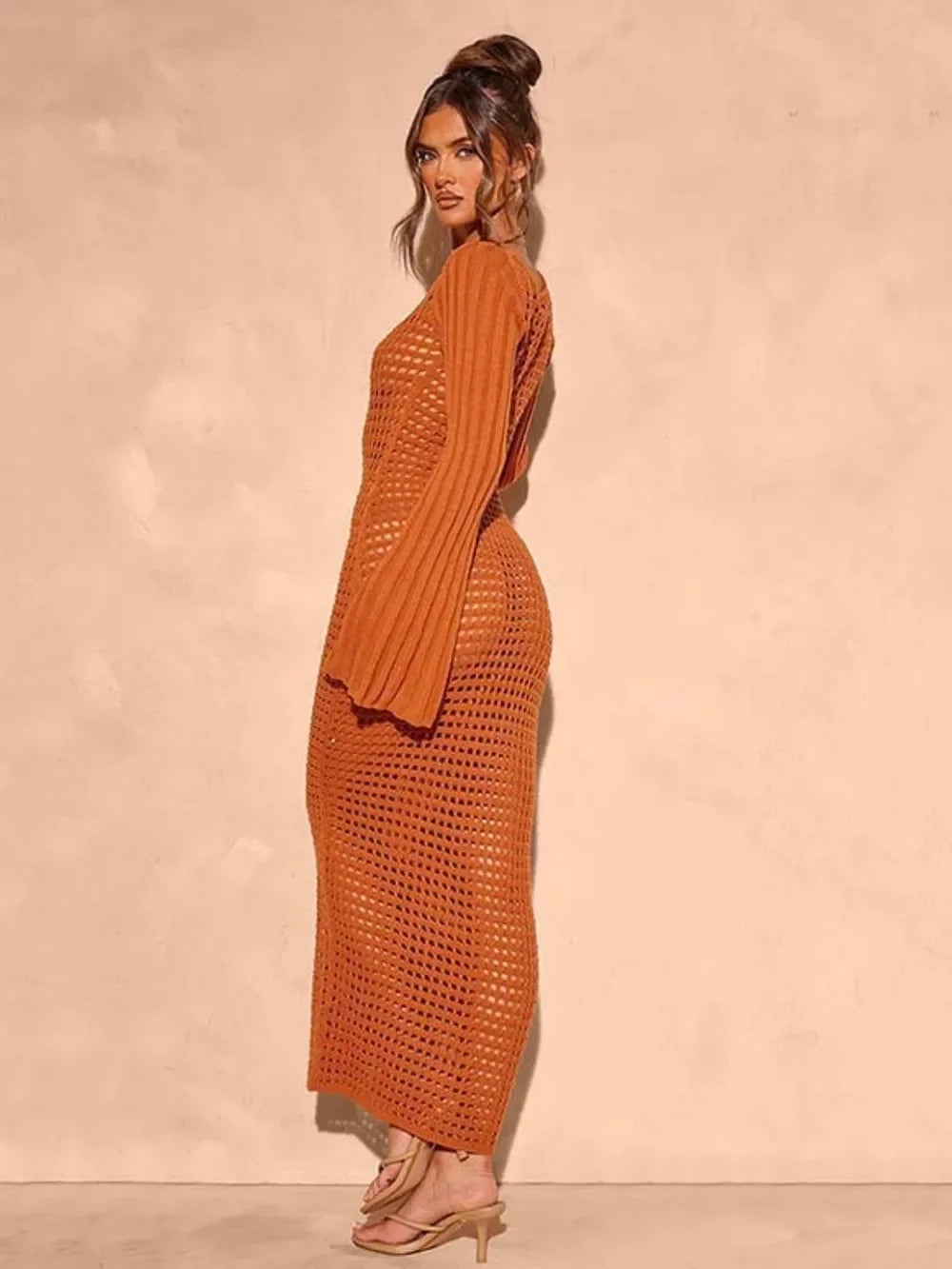 Sheer Openwork Flare Sleeve Cover Up Dress - Southern Shores Clothing