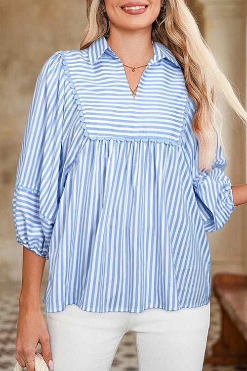 Striped Notched Three Quarter Sleeve Blouse Polyester - Southern Shores Clothing
