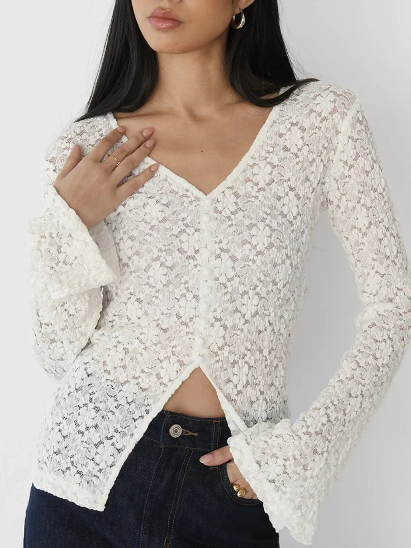Lace V-Neck Flare Sleeve Buttoned Slit T Shirt - Southern Shores Clothing