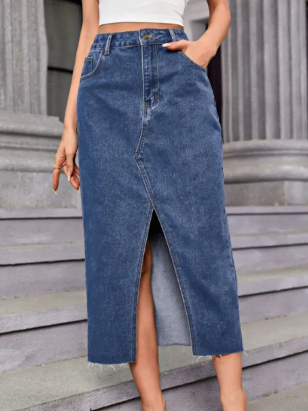 Slit Midi Denim Skirt With Pockets Casual - Southern Shores Clothing