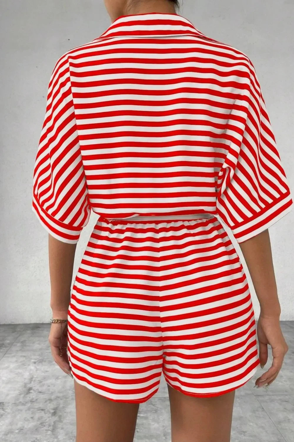 Striped Collared Neck Tie Waist Romper Relaxed Fit - Southern Shores Clothing
