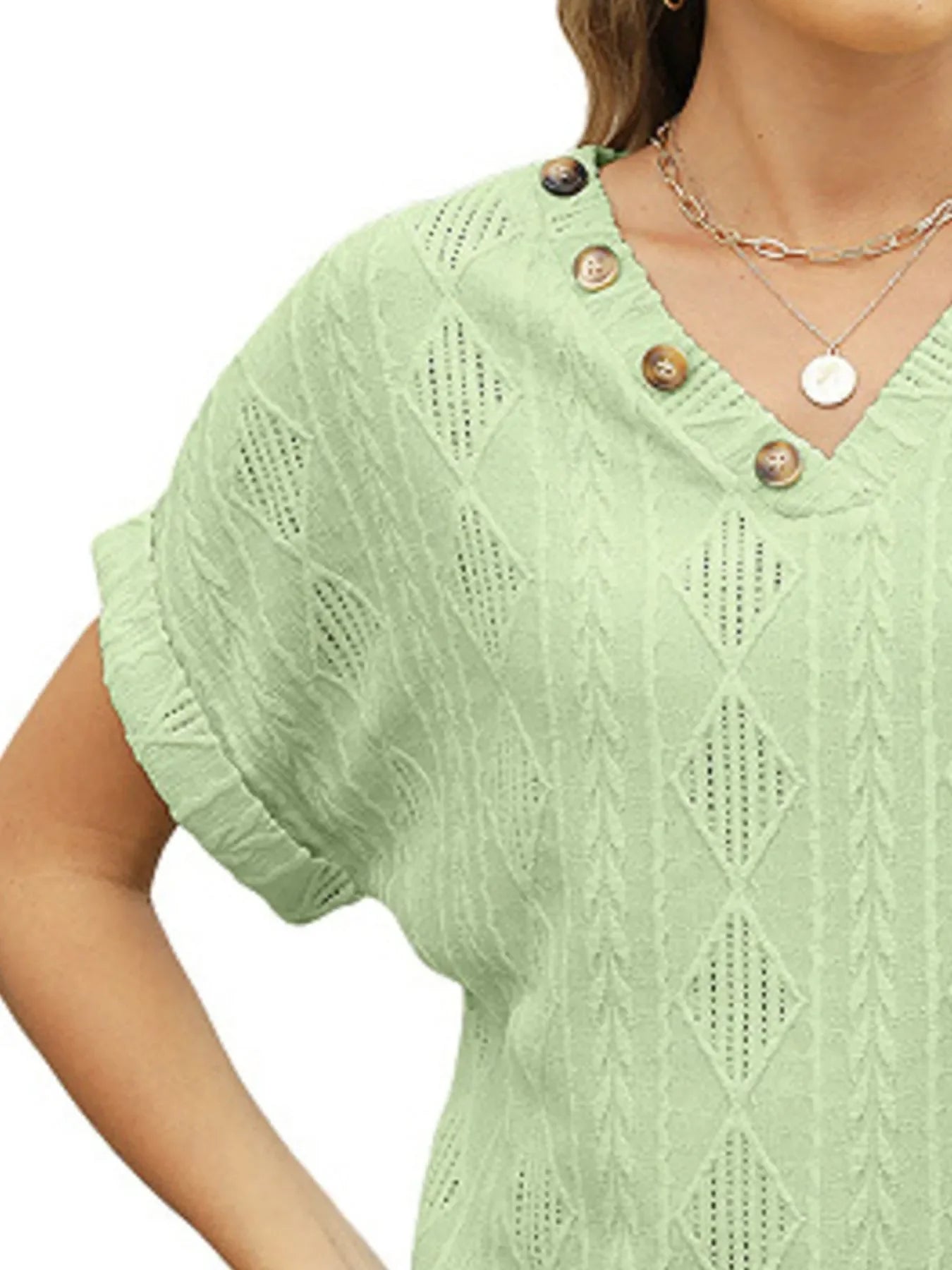 Textured V-Neck Short Sleeve Buttoned Top With Openwork - Southern Shores Clothing