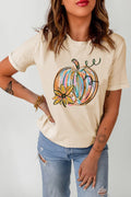 Pumpkin Graphic Round Neck Tee For Casual Fall Wear - Southern Shores Clothing