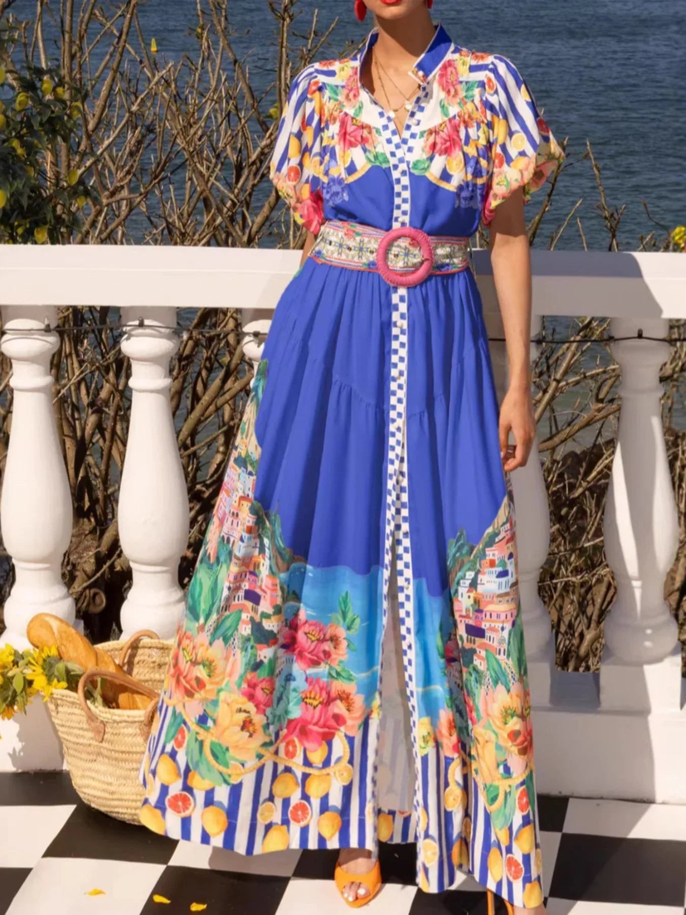 Printed Button Front Puff Sleeve Maxi Dress - Southern Shores Clothing