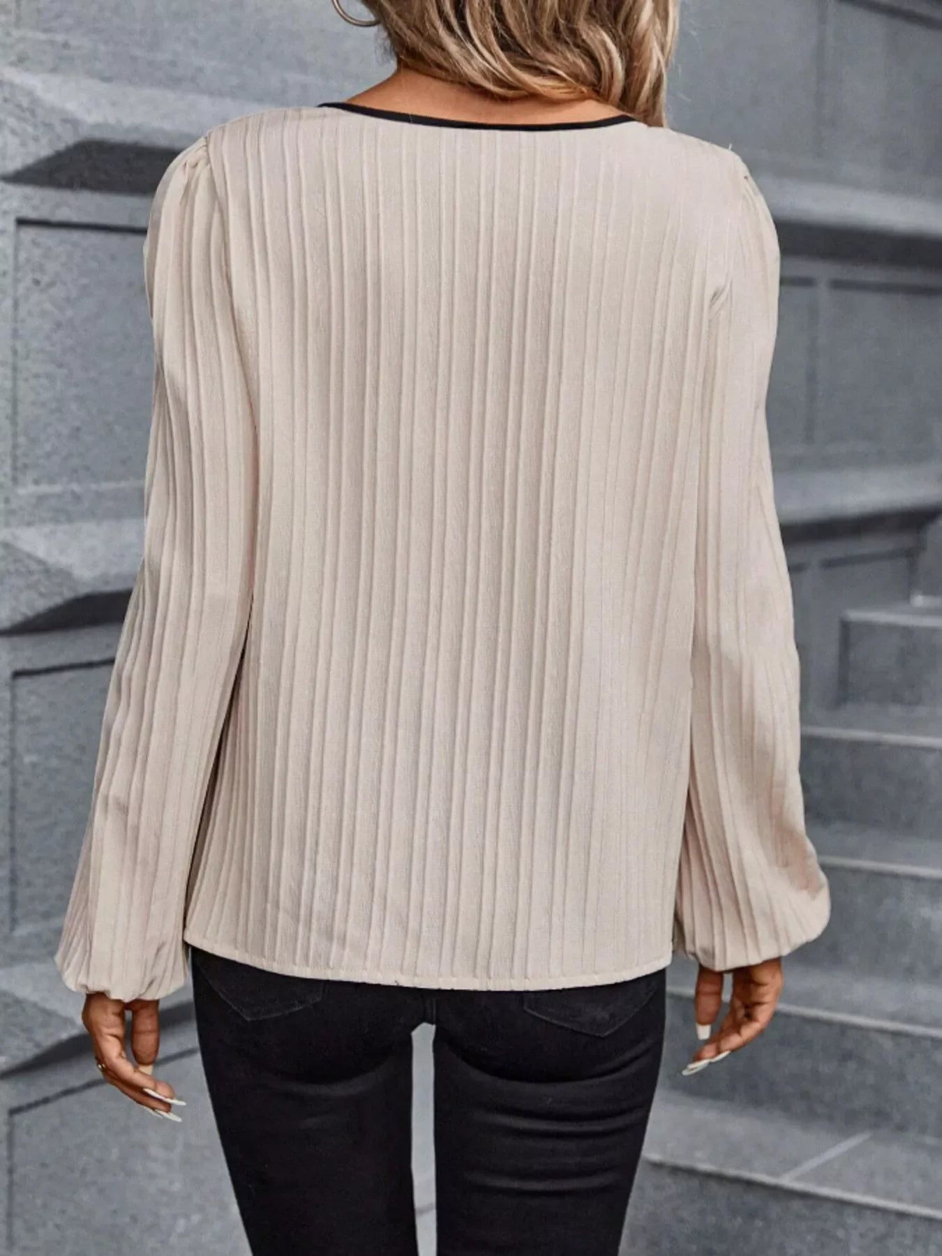 Textured Notched Long Sleeve Blouse Polyester - Southern Shores Clothing