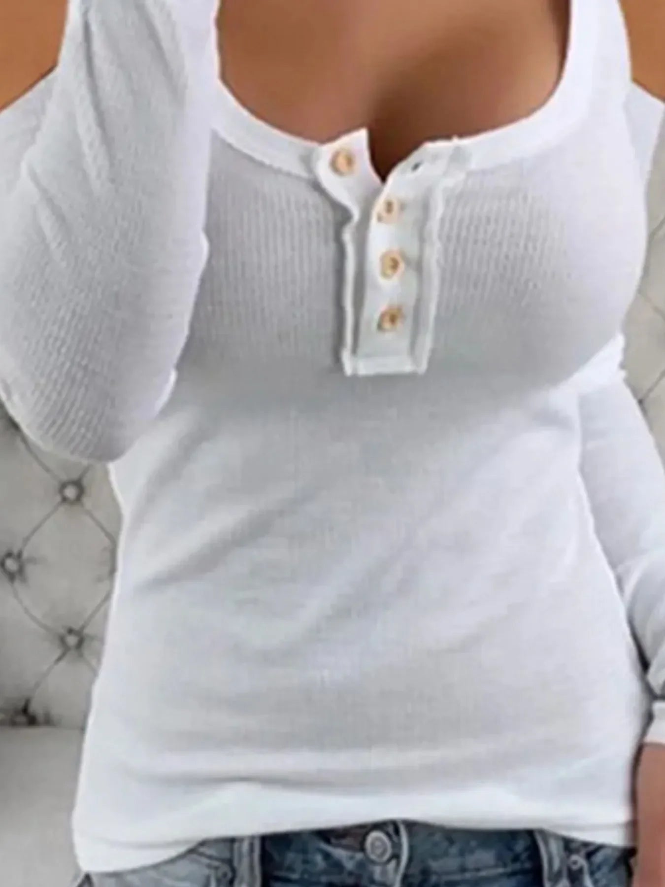 Cold Shoulder Ribbed Henley Tee With Button Detail - Southern Shores Clothing