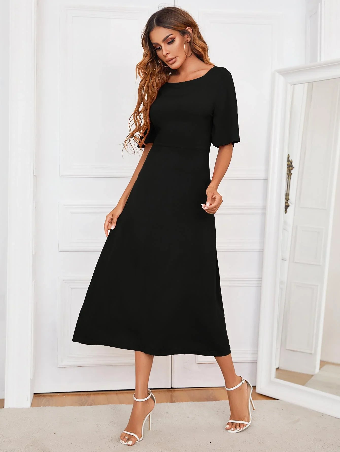 Round Neck Cutout Half Sleeve Midi Dress - Southern Shores Clothing