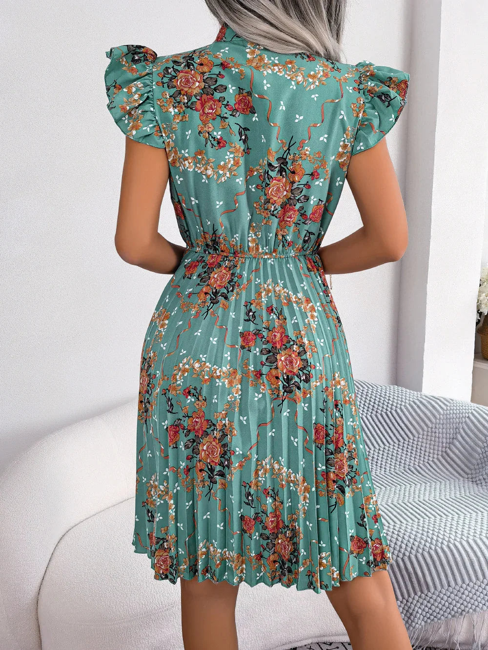 Pleated Floral Printed Tie Neck Knee Length Dress - Southern Shores Clothing