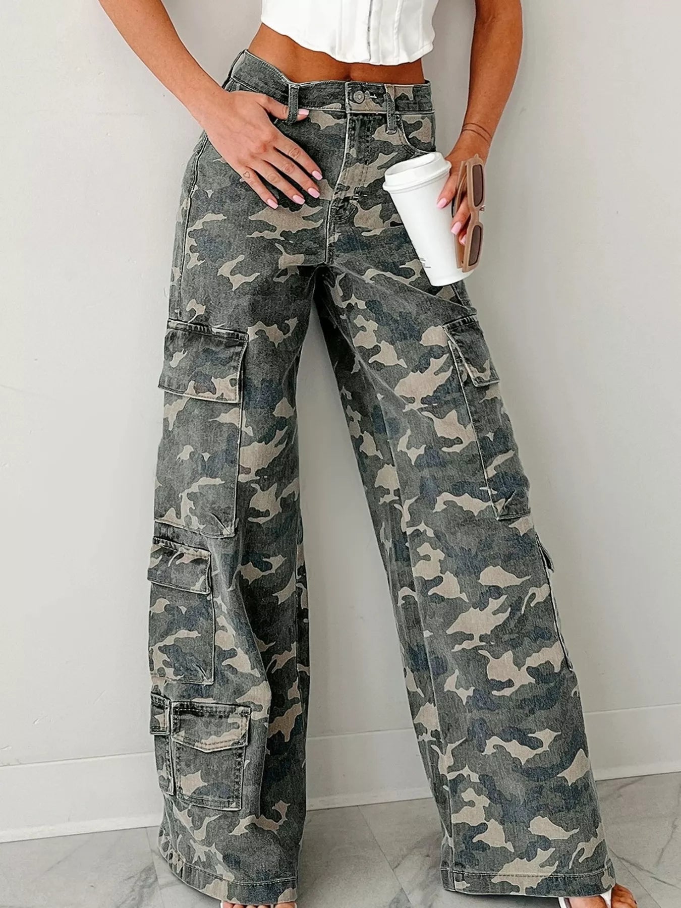 Savannah Inspired Camo Print Wide Leg Cargo Jeans