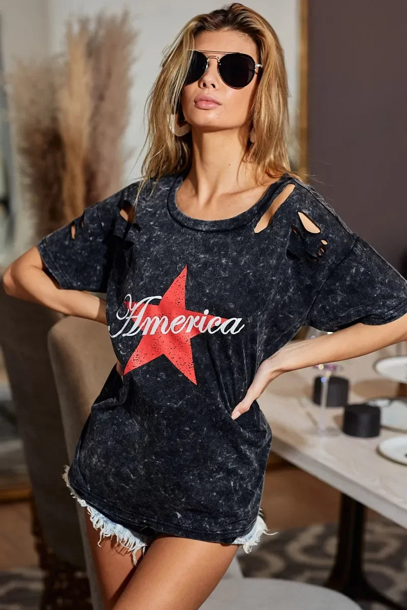 Laser Cut Mineral Washed Jersey T Shirt Americana Design - Southern Shores Clothing