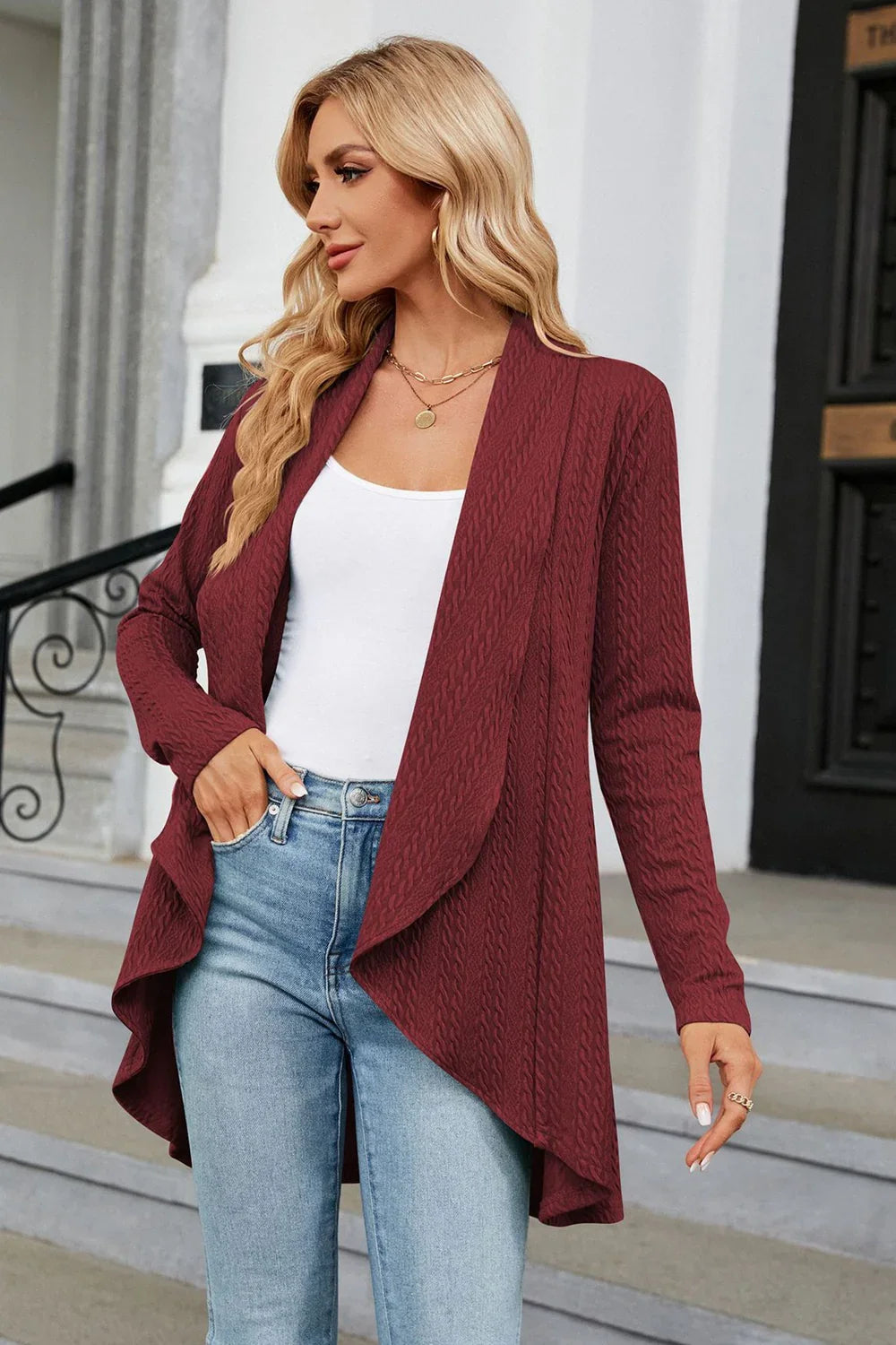 Open Front Cardigan With High-Low Neckline - Southern Shores Clothing