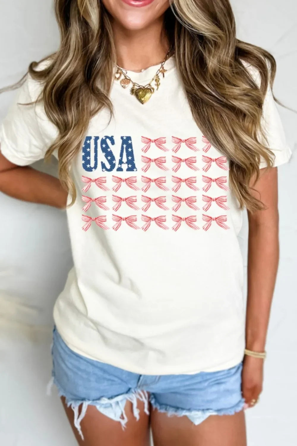 USA Flag Bow Knot Print Round Neck T Shirt - Southern Shores Clothing