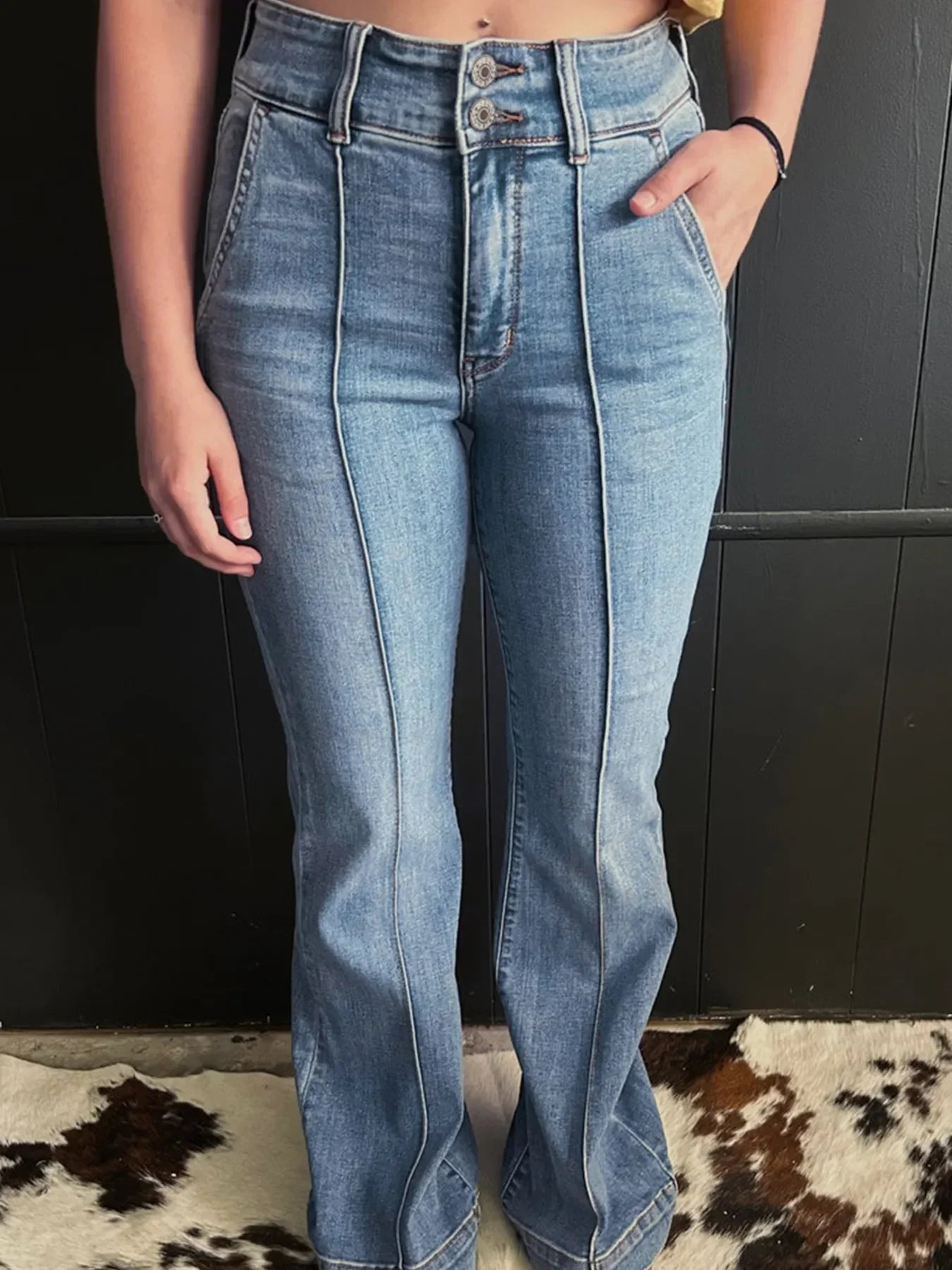 Coastal High-Waisted Flare Jeans With Seam Detail - Southern Shores Clothing