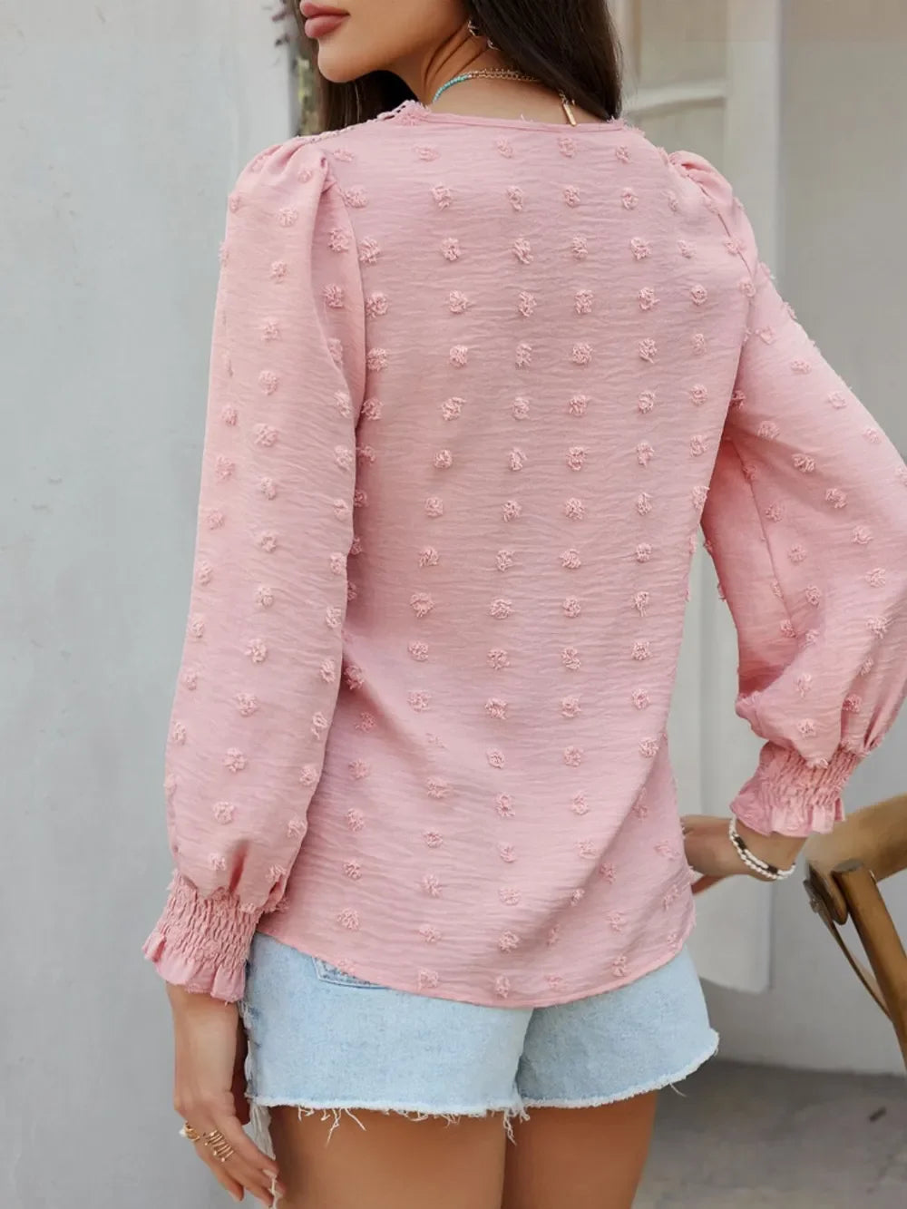 Swiss Dot Lace Detail V-Neck Long Sleeve Blouse - Southern Shores Clothing