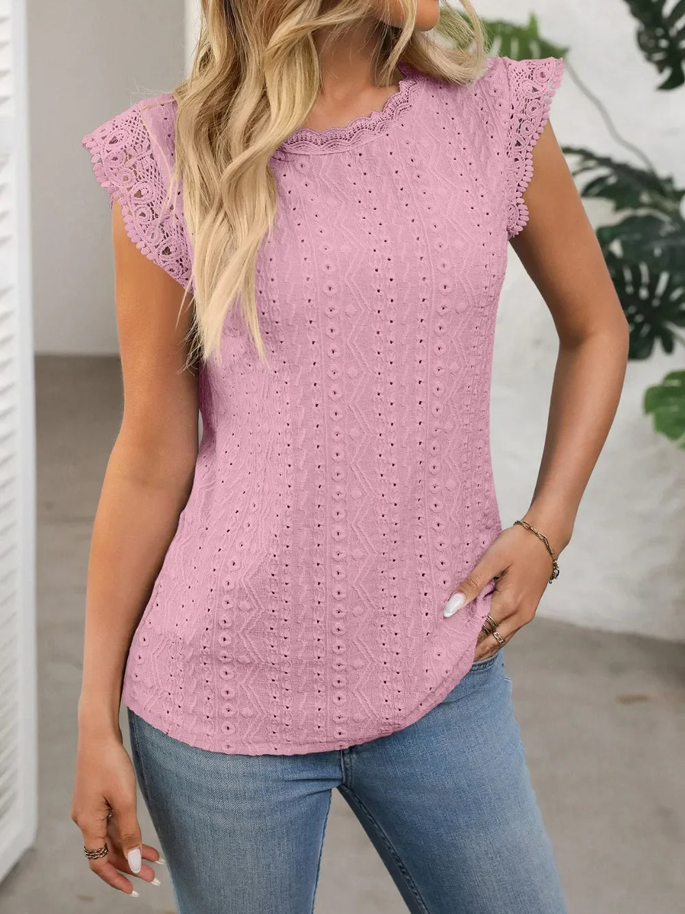 Lace Detail Eyelet Round Neck Cap Sleeve Top - Southern Shores Clothing