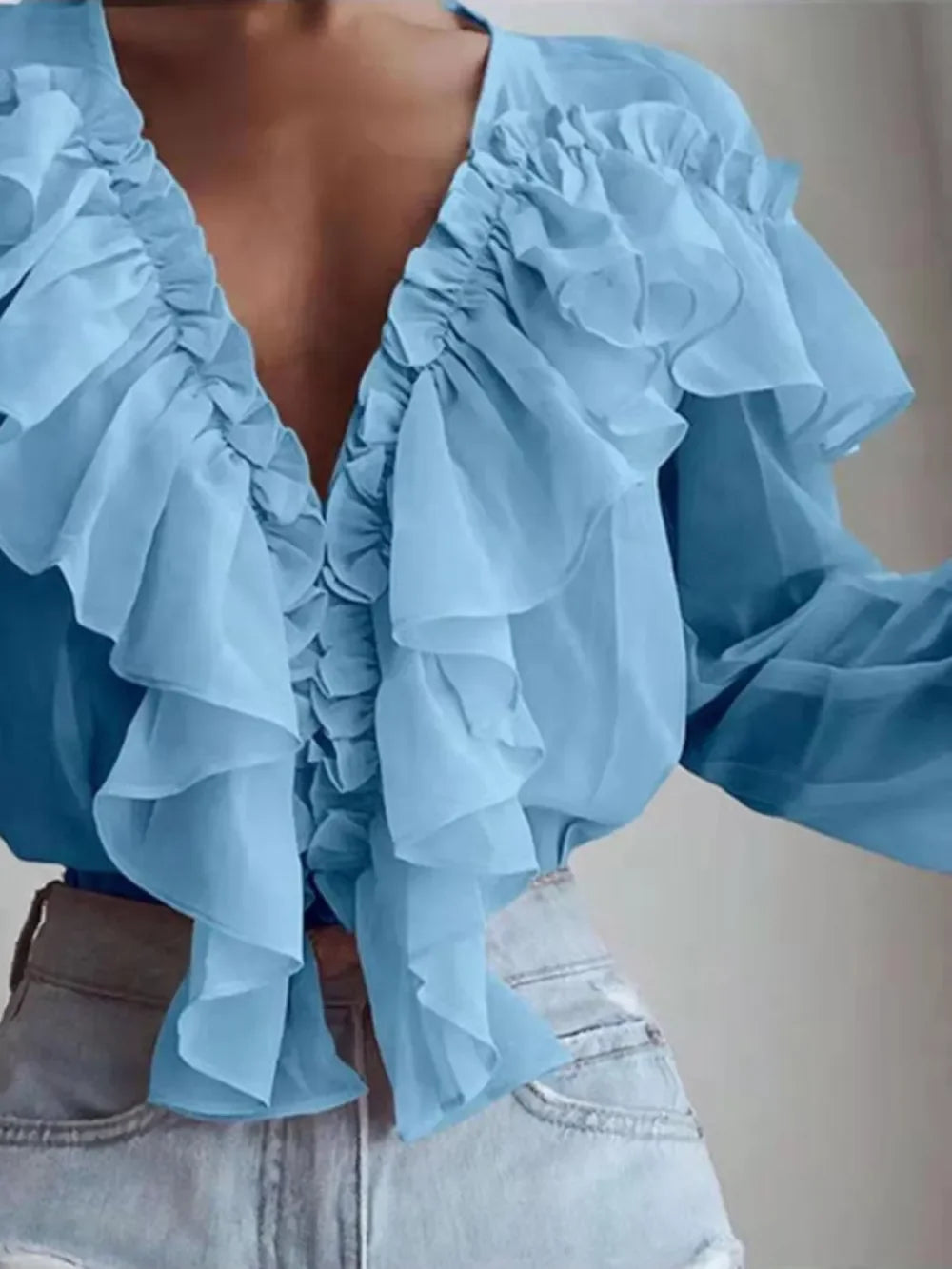 Elegant Ruffled V Neck Long Sleeve Polyester Blouse - Southern Shores Clothing