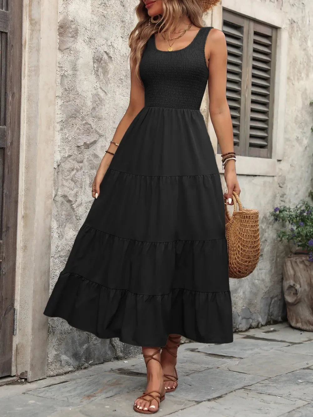 Smocked Scoop Neck Sleeveless Tank Dress - Southern Shores Clothing