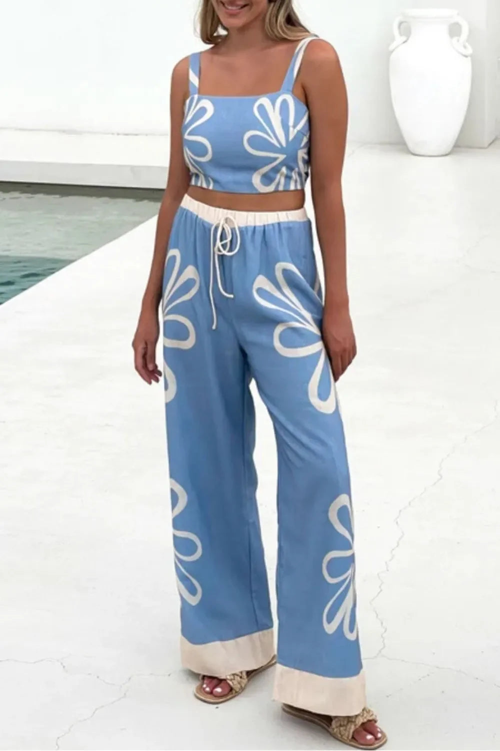 Smocked Square Neck Cami and Pants Set With Floral Print - Southern Shores Clothing