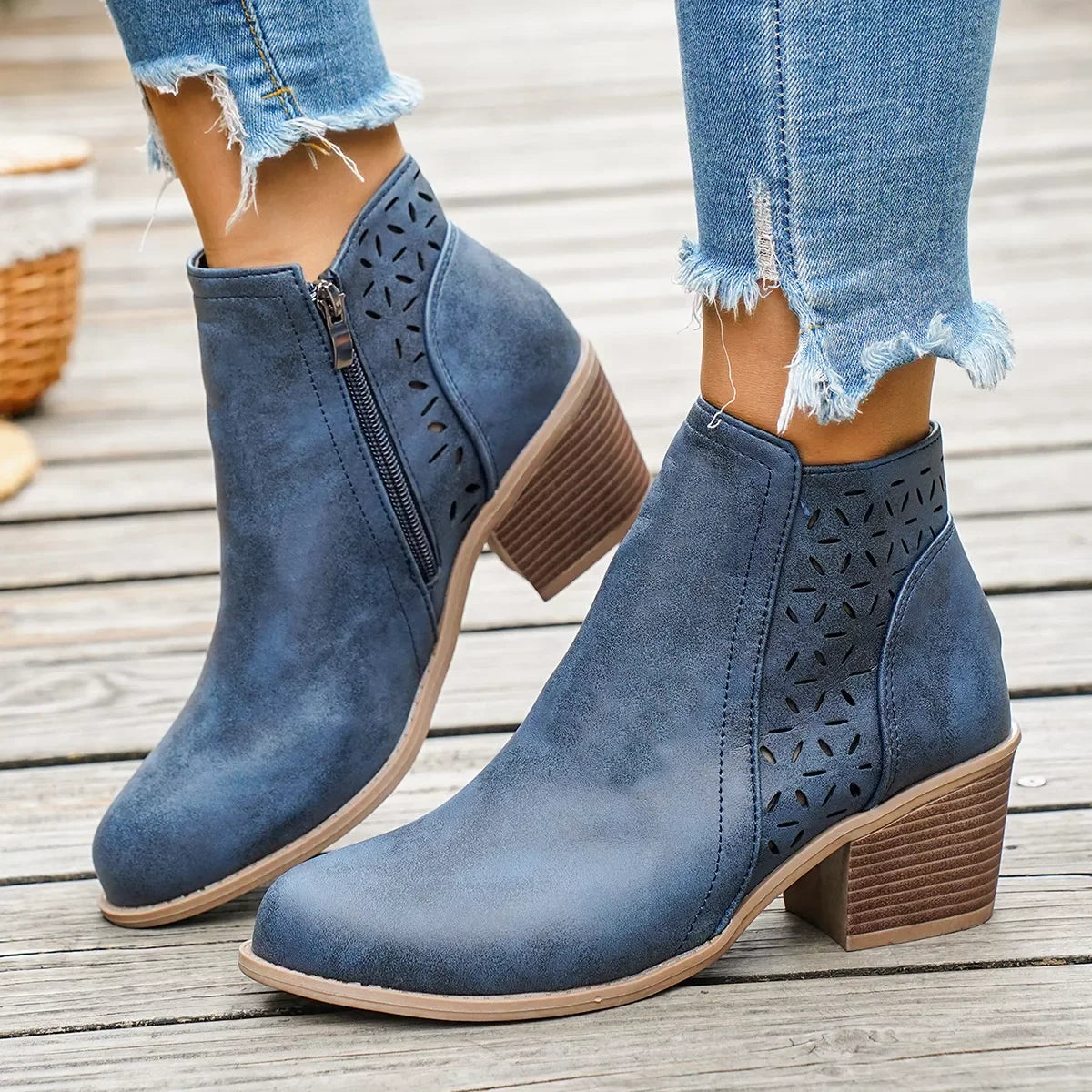 Round Toe Block Heel Ankle Boots Mid Heel - Southern Shores Clothing