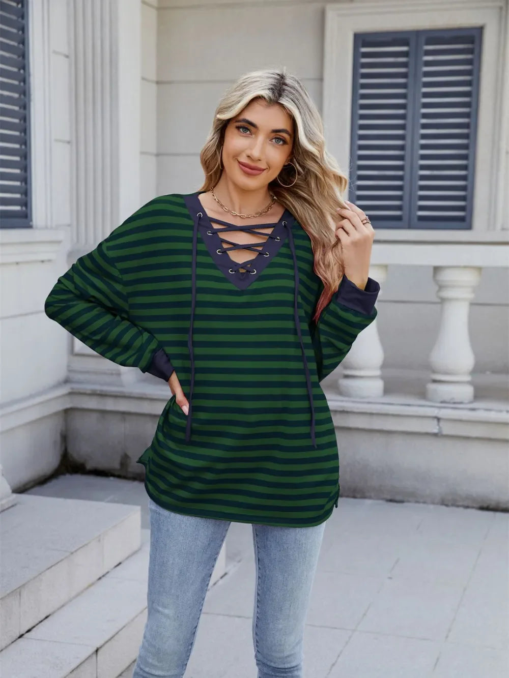 Lace-Up Striped Long Sleeve T-Shirt - Southern Shores Clothing