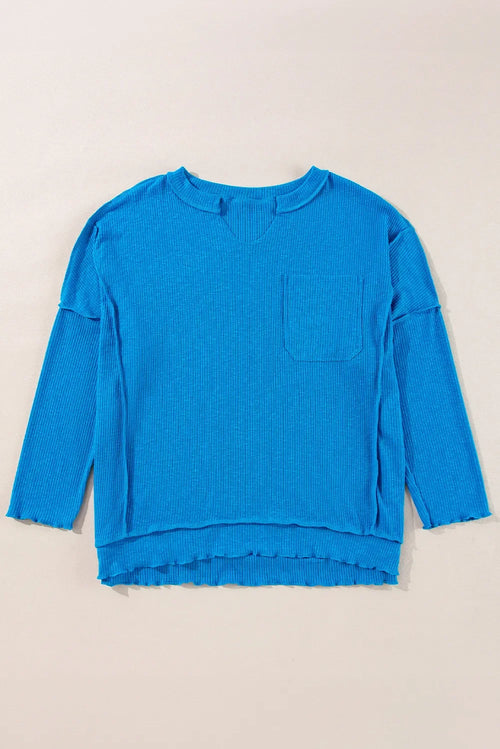 Exposed Seam Notched Long Sleeve Pocketed Blouse - Southern Shores Clothing