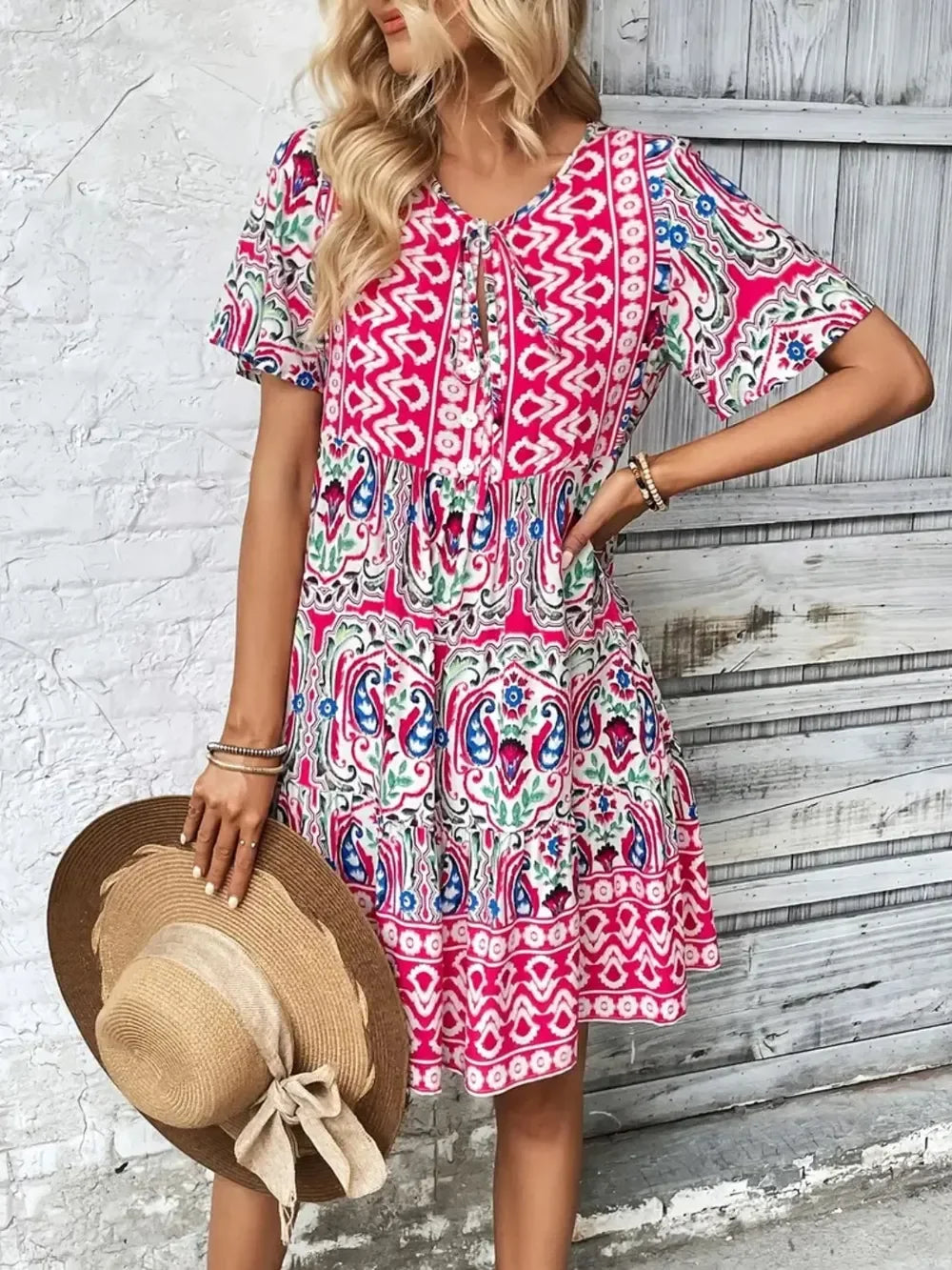 Printed Tie Neck Short Sleeve Dress With Paisley Print Pattern - Southern Shores Clothing