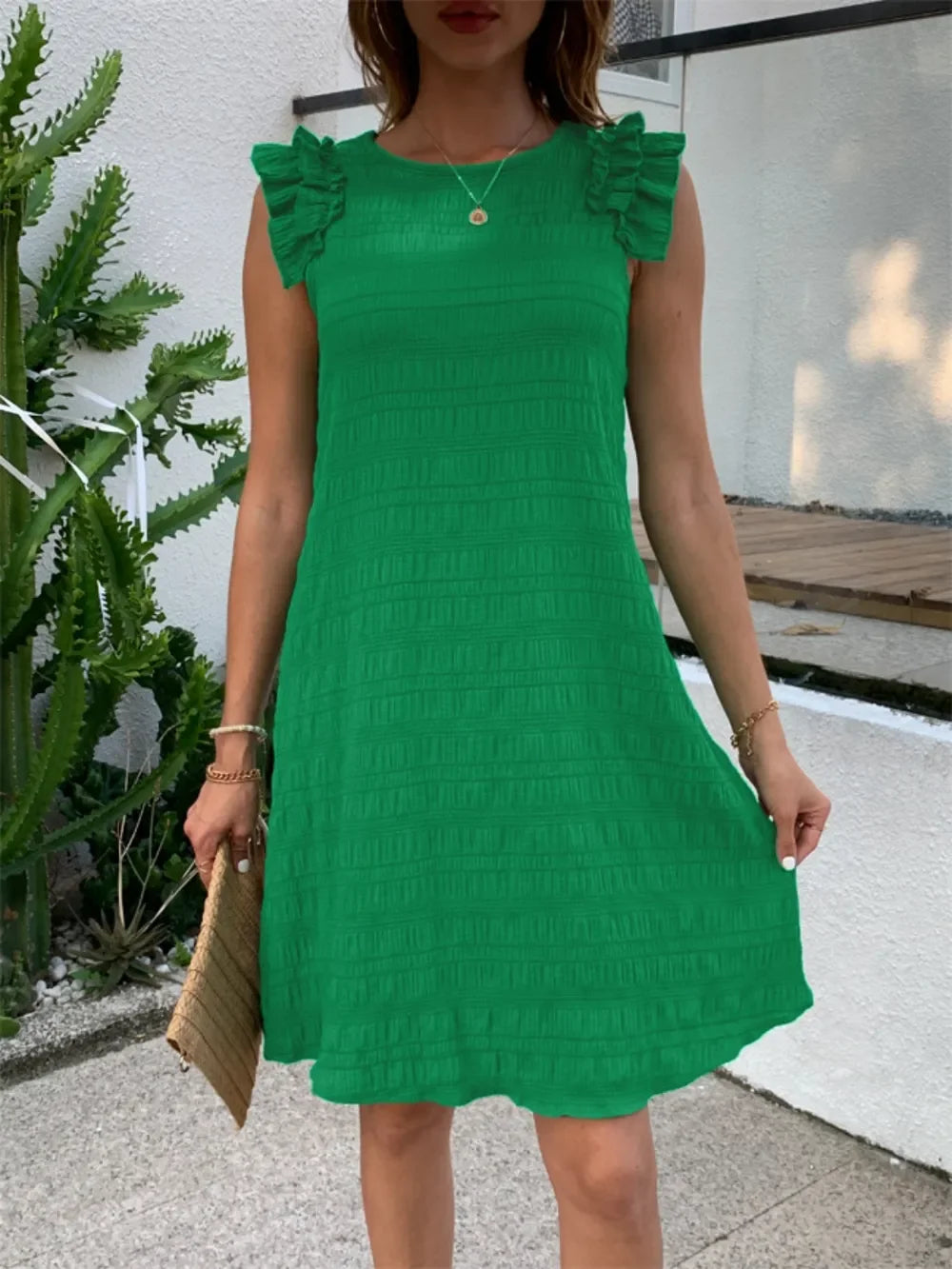 Ruffled Round Neck Sleeveless Dress - Southern Shores Clothing