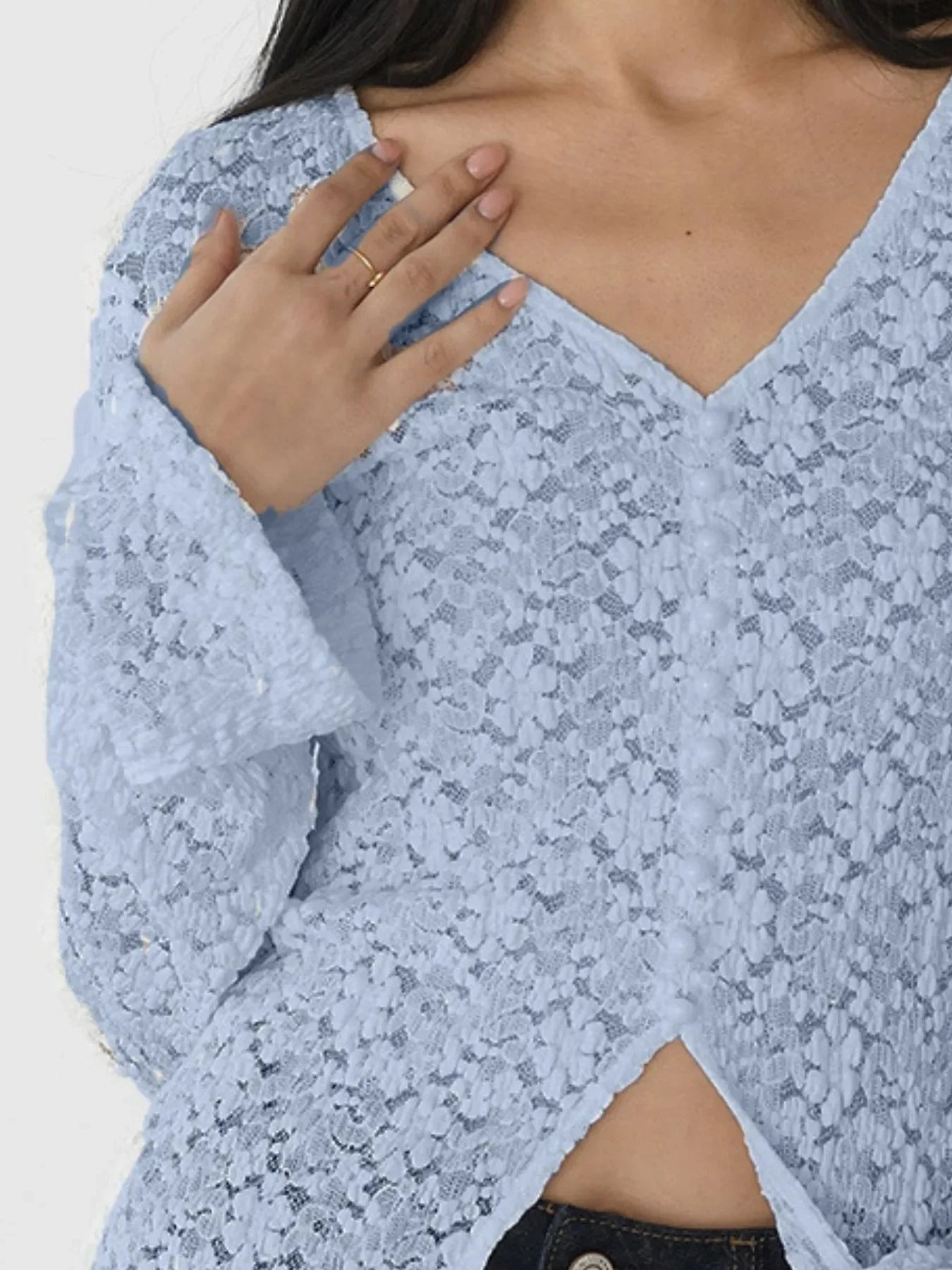 Lace V-Neck Flare Sleeve Buttoned Slit T Shirt - Southern Shores Clothing