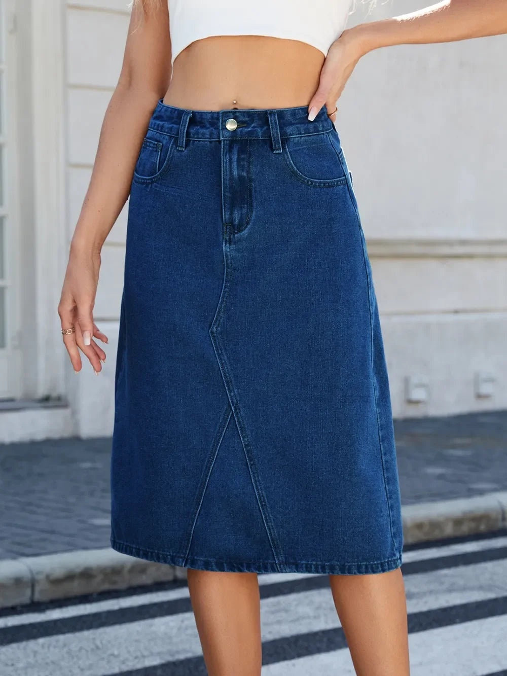 Relaxed Fit Denim Midi Skirt With Slit Back - Southern Shores Clothing