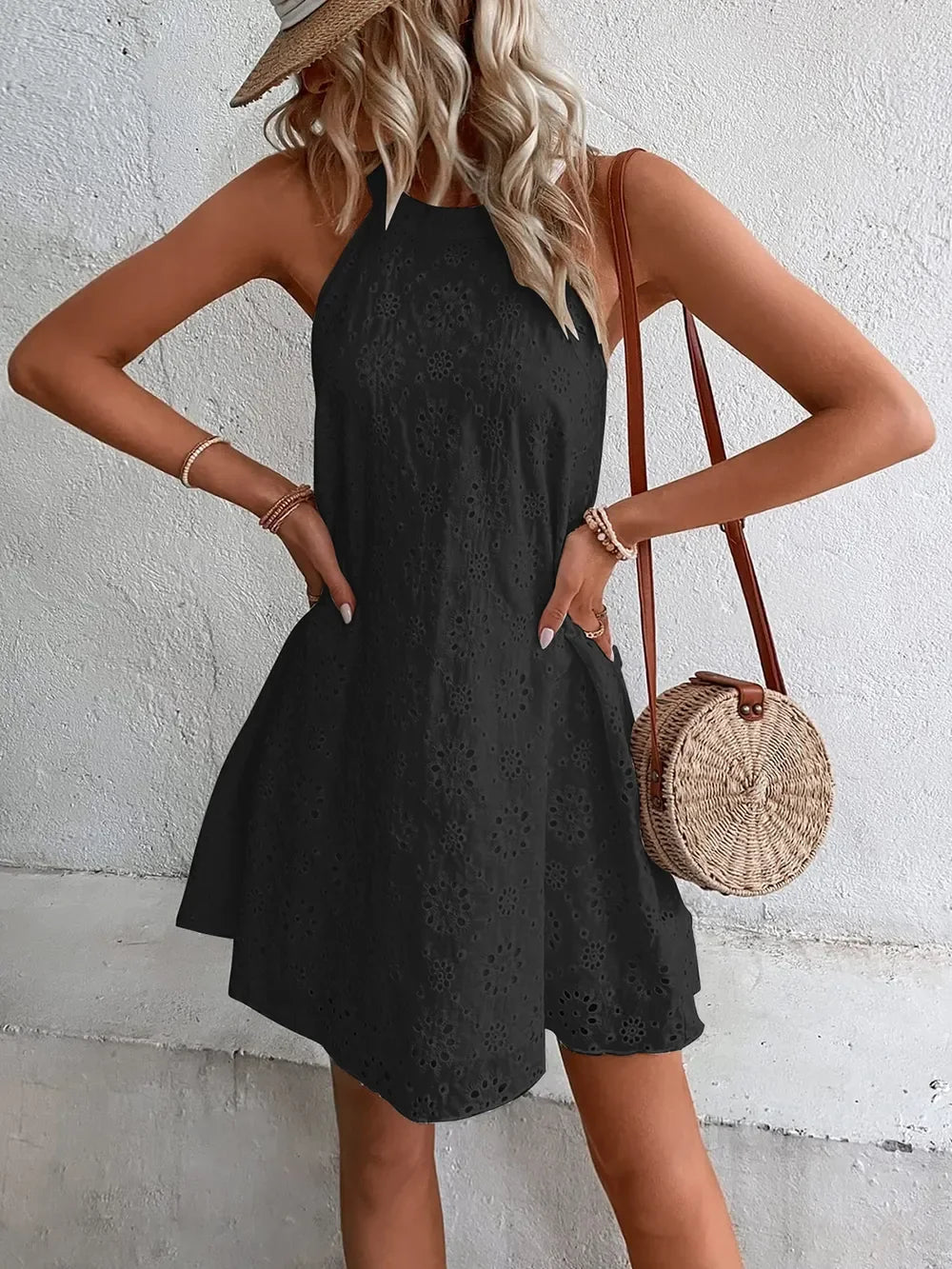 Eyelet Grecian Neck Mini Dress Coastal Style - Southern Shores Clothing