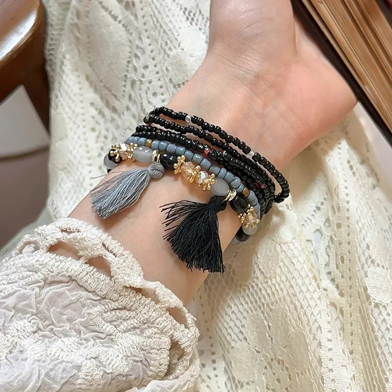 Multi Strand Boho Tassel Rice Bead Bracelet With Layered Beads - Southern Shores Clothing