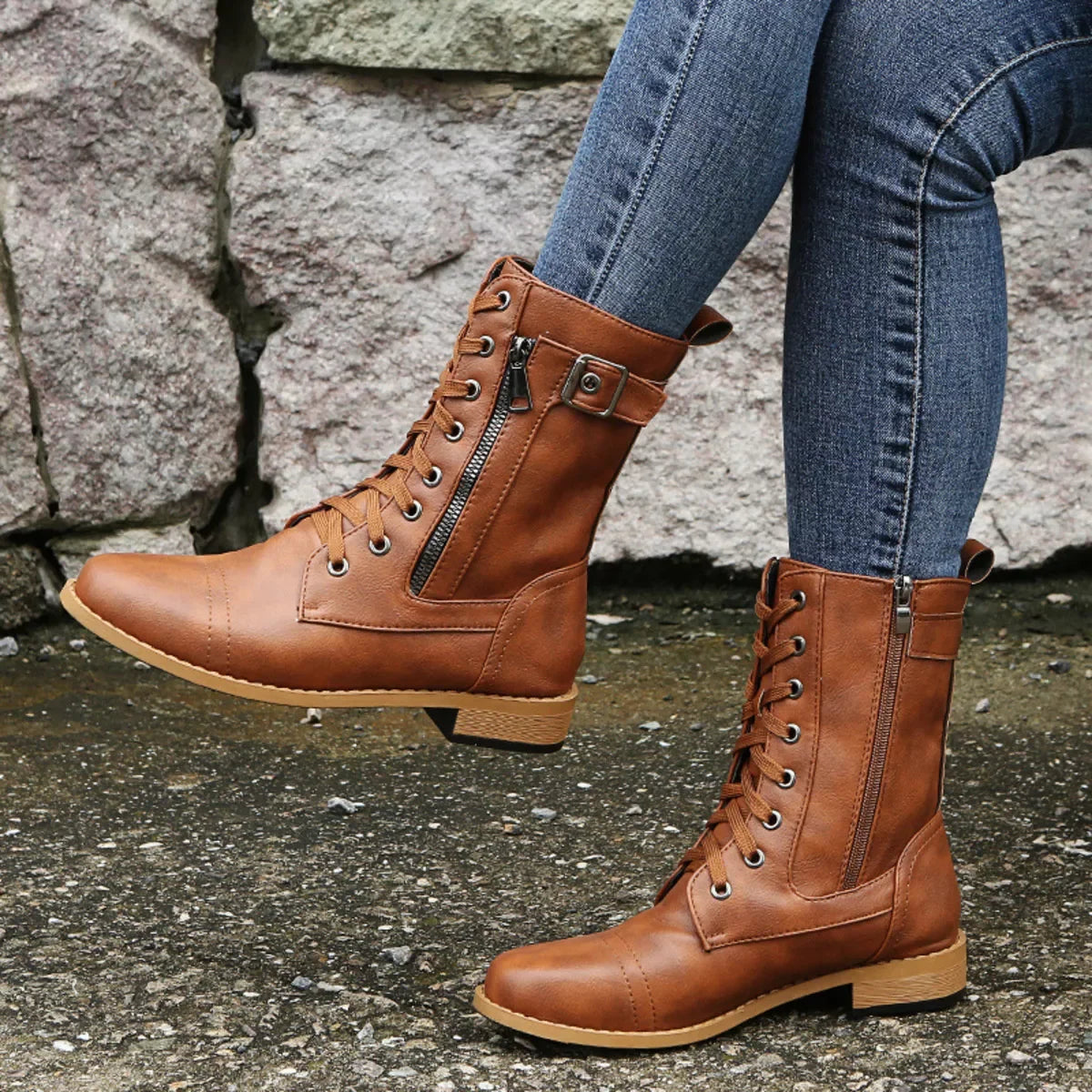 Lace-Up Ankle Boots With Zipper Detail, Low Heels - Southern Shores Clothing