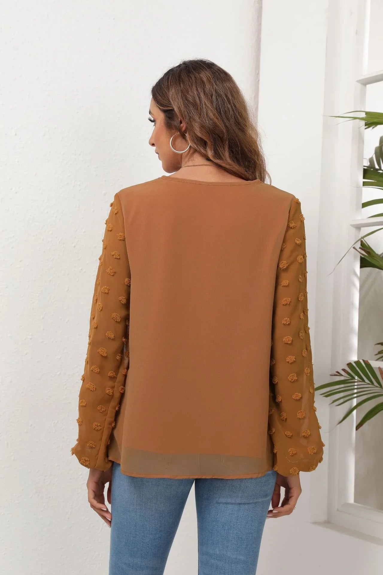 Stretch Swiss Dot V Neck Balloon Sleeve Blouse - Southern Shores Clothing