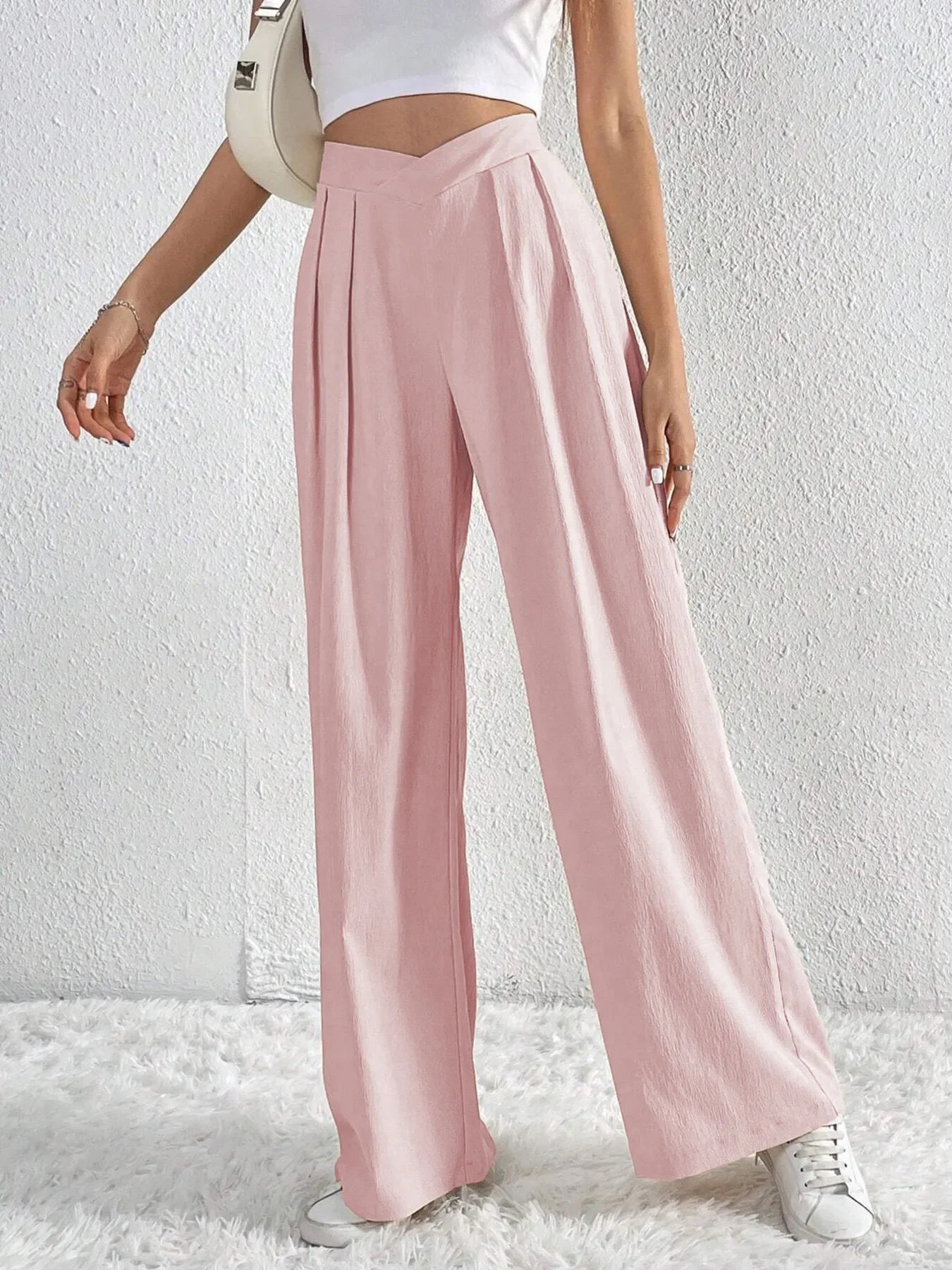 V-Waisted Ruched Front Flowing Wide Leg Pants Casual Wear - Southern Shores Clothing