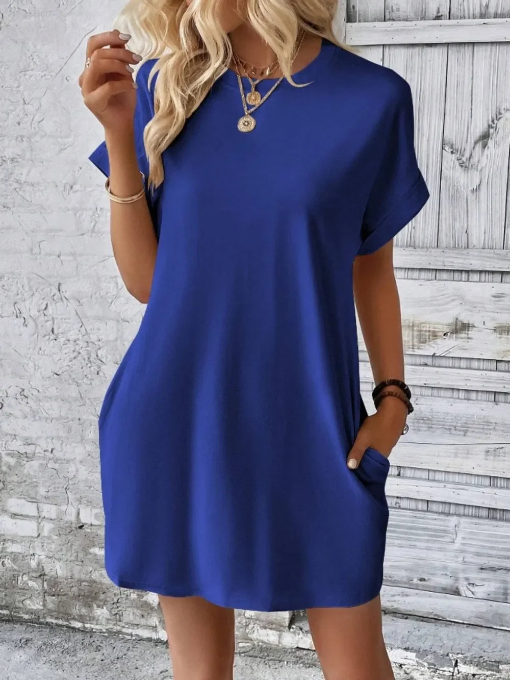 Pocketed Round Neck Short Sleeve Dress - Southern Shores Clothing