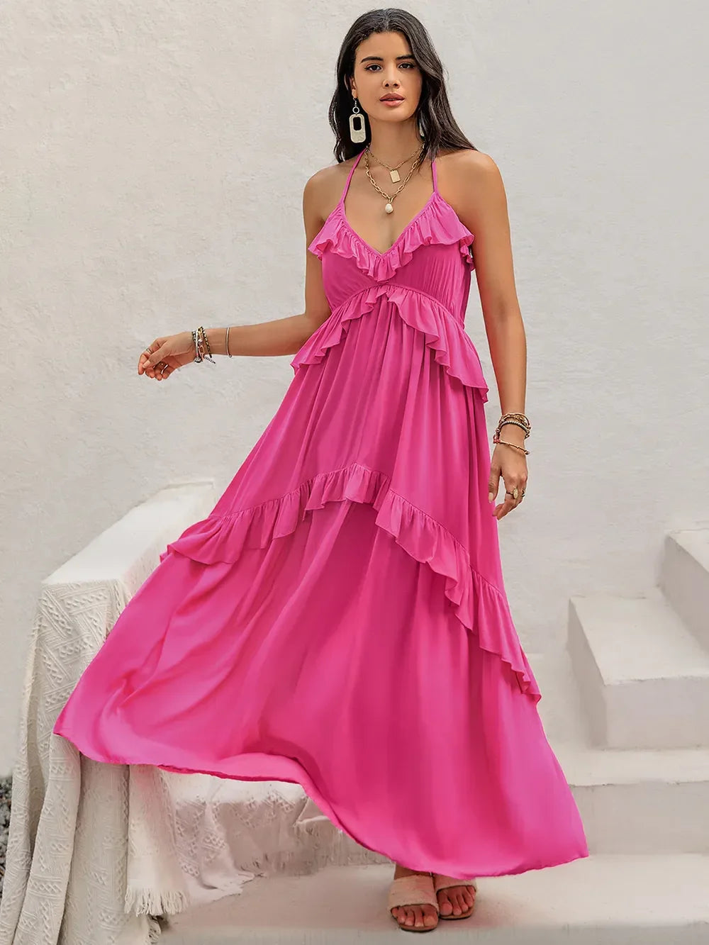 Ruffled Halter Neck Maxi Dress With Tiered Layers Of Ruffles - Southern Shores Clothing