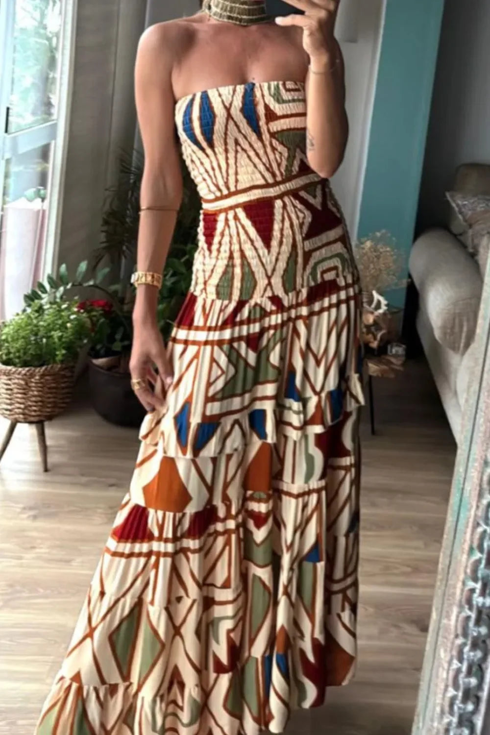 Smocked Printed Tube Dress With Geometric Abstract Print - Southern Shores Clothing