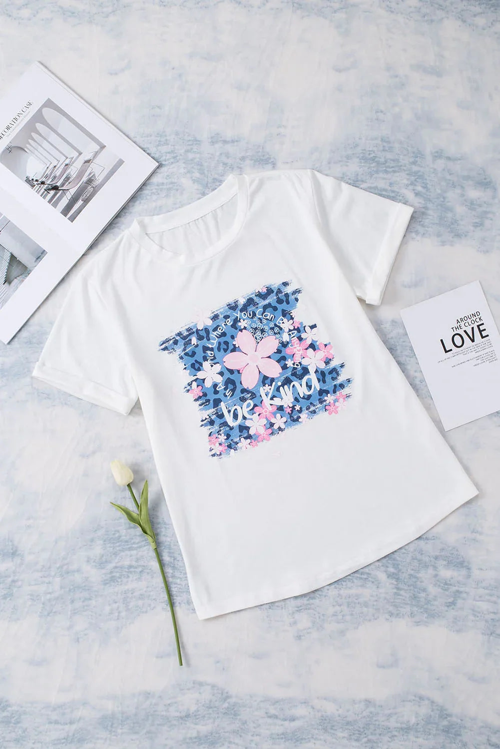 Leopard Floral Graphic Round Neck Short Sleeve Tee - Southern Shores Clothing