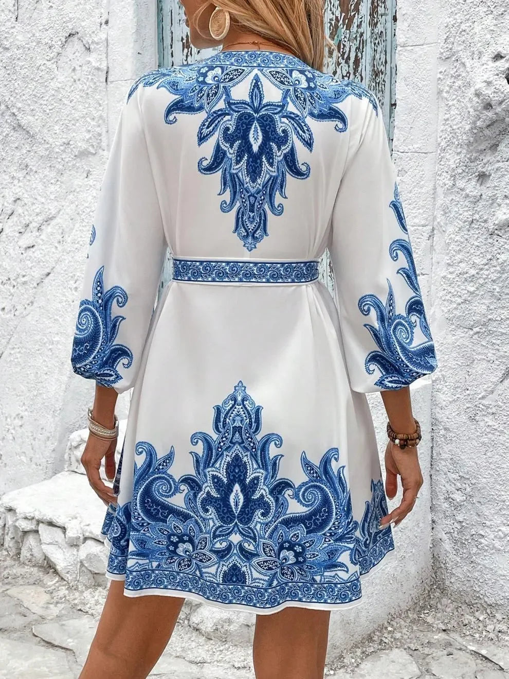 Paisley Print V Neck Mini Dress Tie Belt Three Quarter Sleeve - Southern Shores Clothing