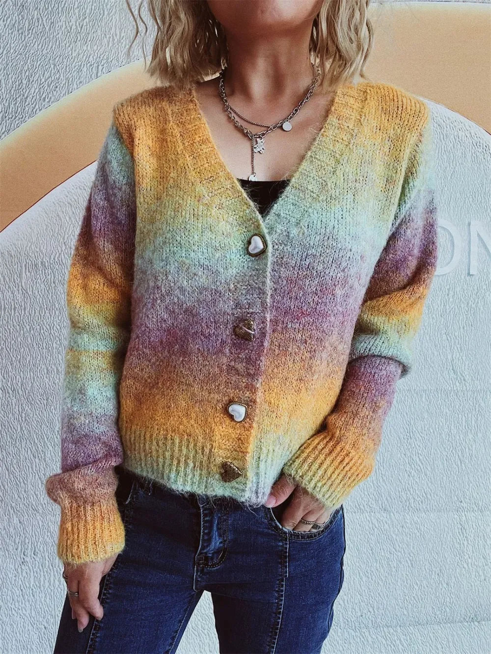 Heart Shape Button Front V-Neck Cardigan With Stretch - Southern Shores Clothing
