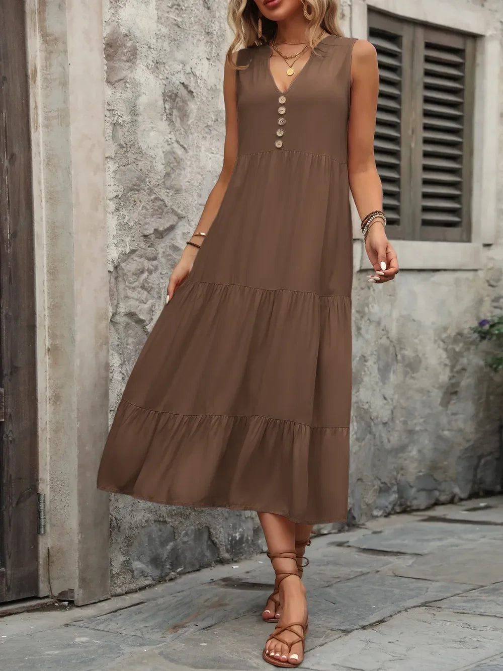 Notched Sleeveless Maxi Dress With Buttons - Southern Shores Clothing