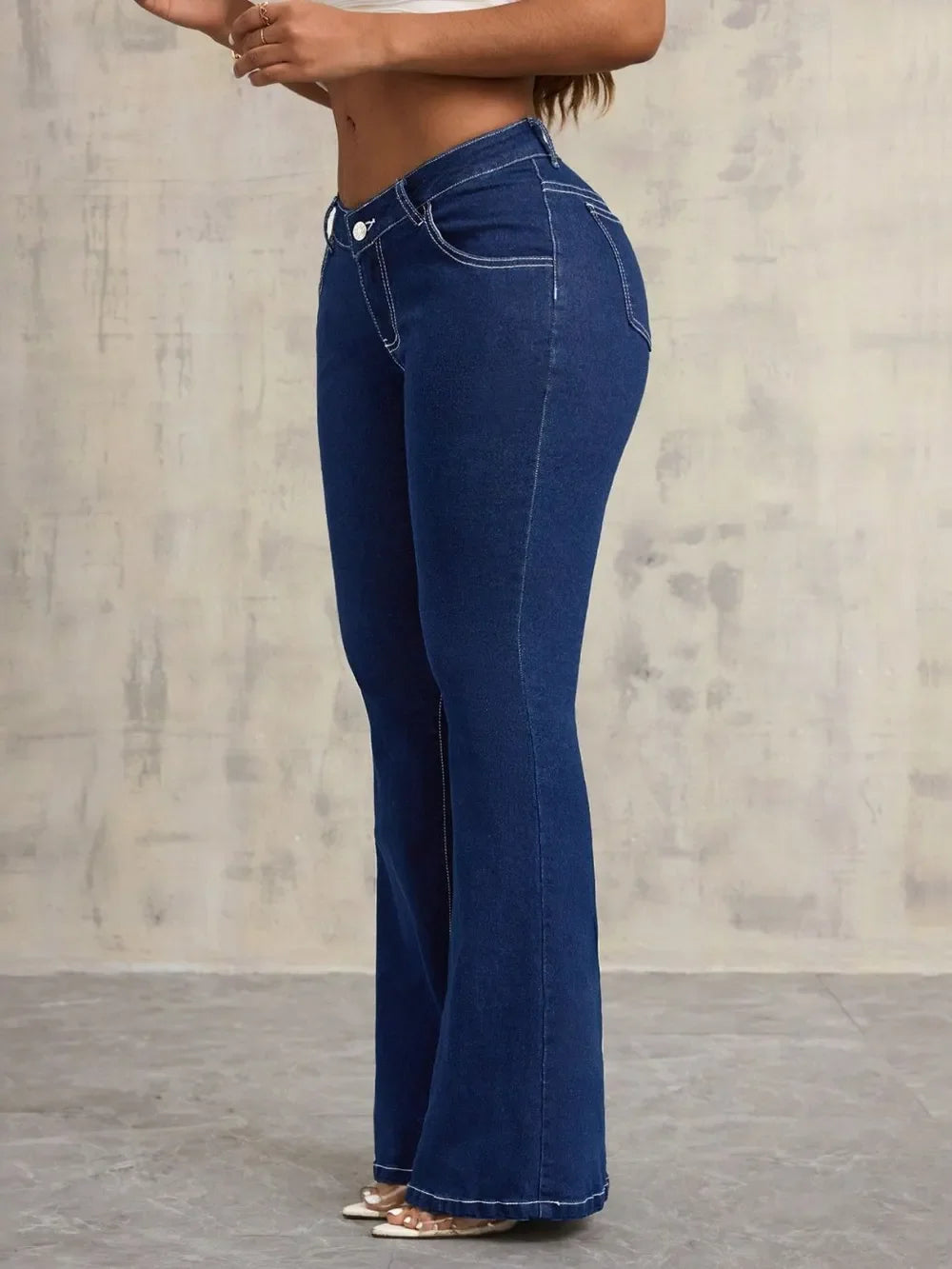Denim Flare Jeans With Pockets Button Detail - Southern Shores Clothing