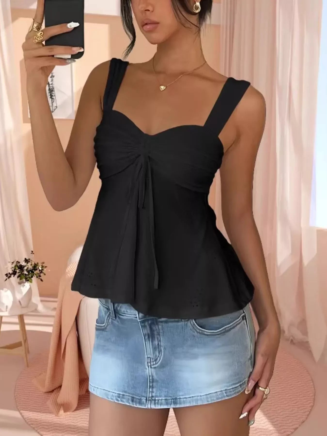 Versatile Eyelet Embroidered Drawstring Cami Top Every Day - Southern Shores Clothing