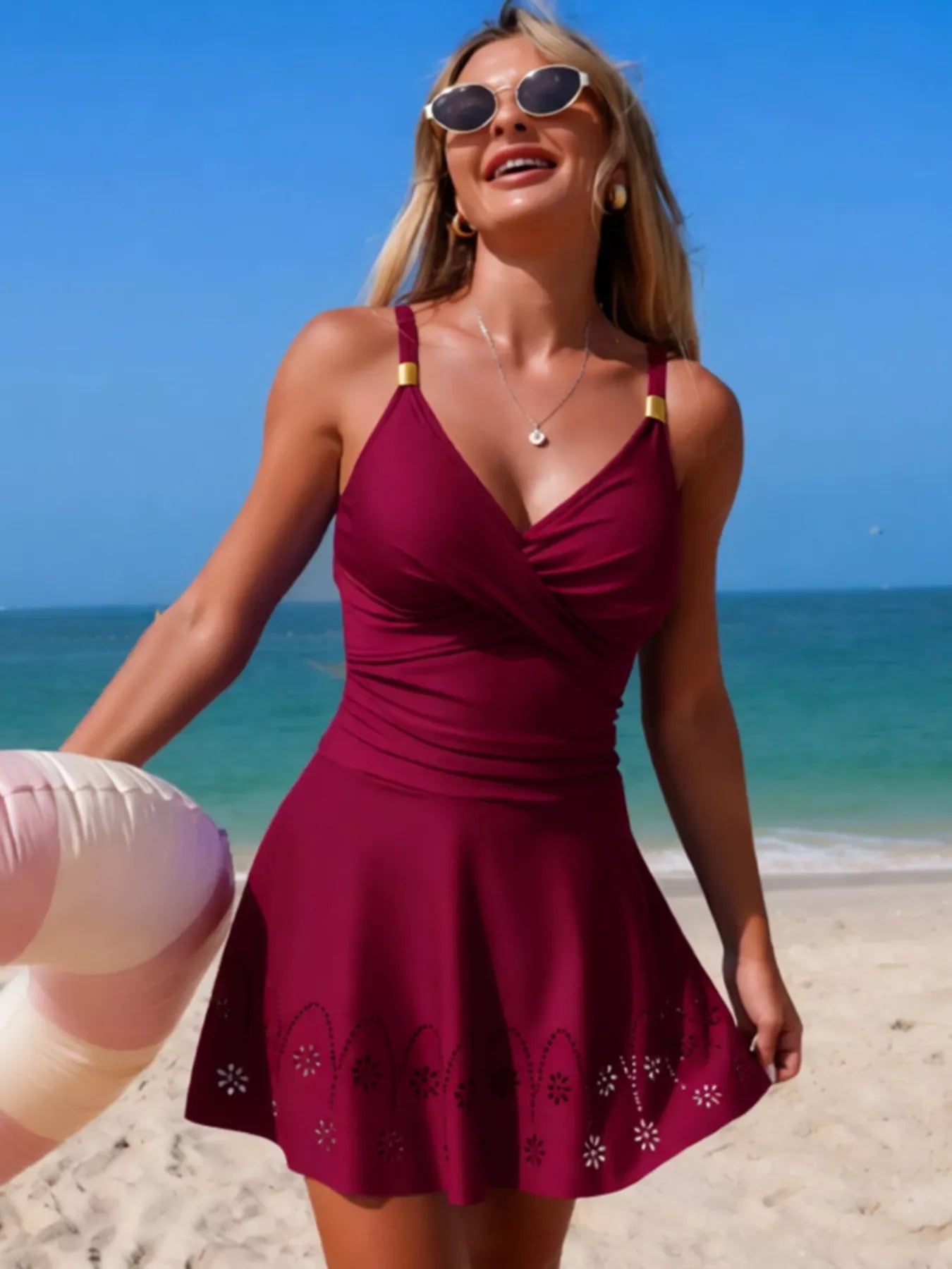 Crossover Ruched One-Piece Swim Dress With Removable Chest Pad - Southern Shores Clothing